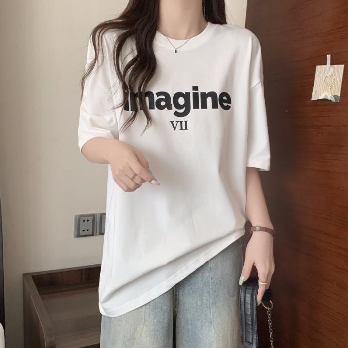 

Short-sleeved t-shirt women s summer 2025 new cotton loose crew neck top large size commuter letter print ns tide S