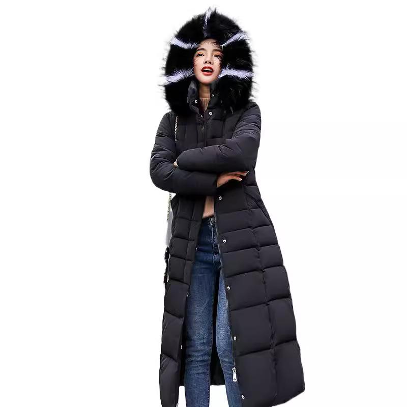Winter New Cotton-padded Women's Medium and Long Knee-length Thickened Large Fur Collar Down Cotton-padded Jacket