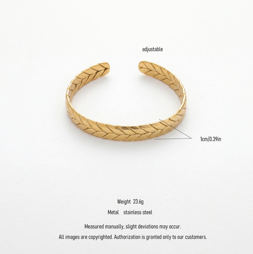 QIAOREN 12649 18K Gold Plated Stainless Steel Wheat Leaf Cuff Bracelet Adjustable Open Bangle Anti Tarnish Wrist Jewelry