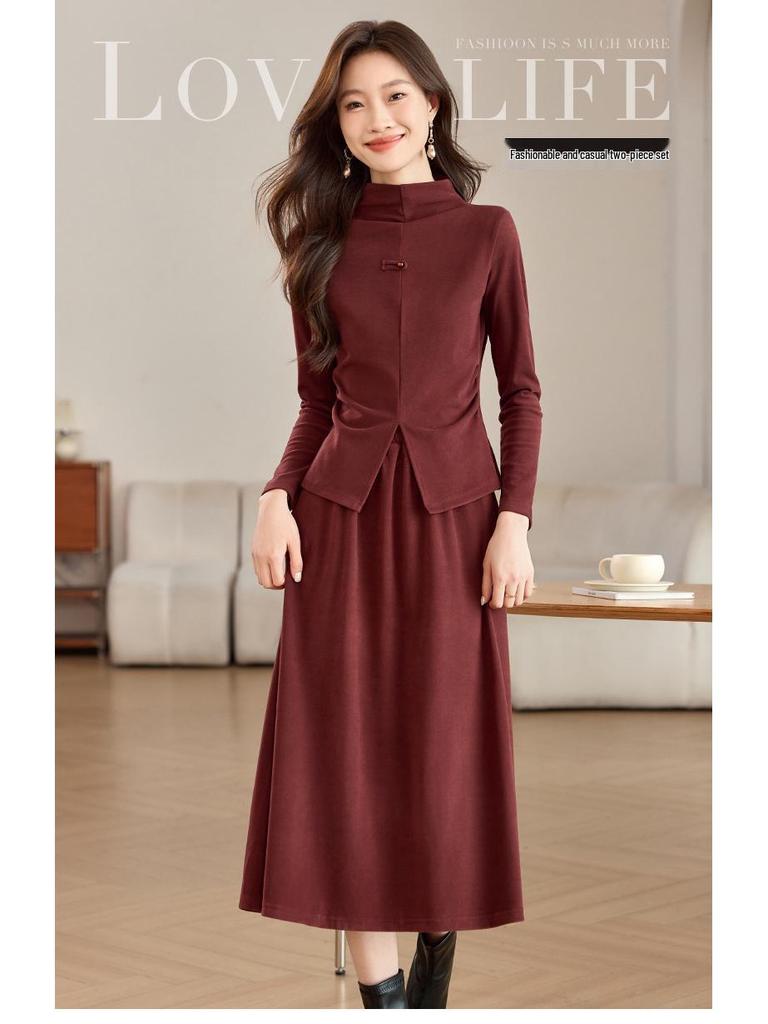 Frühlingsmode 2025: Verdicktes Gebürstetes Stehkragen-Oberteil & Halbrock Zweiteiliges Kleid für Damen (SH039)