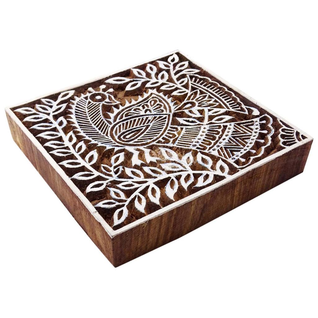 Peacock Decorative Stamps Wooden Textile Stamp Brown Printing Block