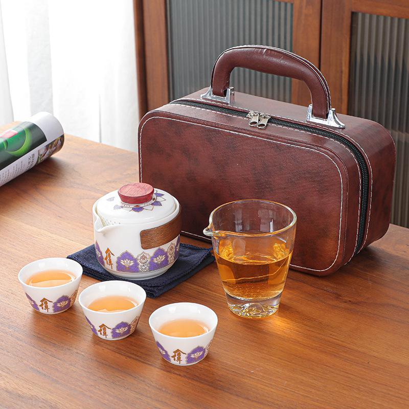 Ceramic Tea Set Travel Portable Outdoor Tea Bag Ceramic One Pot Three Cups Tea Set Home Office Quick Customer Cup Handheld Gift