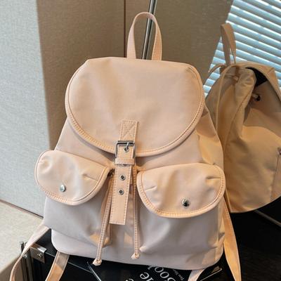 Solid Color Retro Backpack Women's 2025 New Fashion Travel Leisure Backpack Double Pocket College Bag