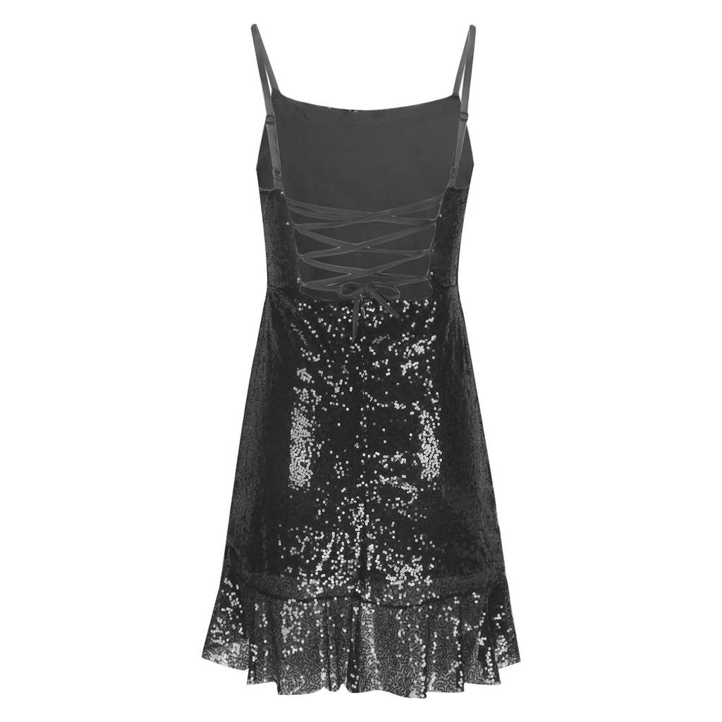 Dámské ležérní jednobarevné flitrované šaty bez rukávů s volánovým lemem a křížením na zádech