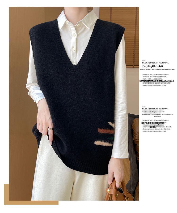 Pure Wool V-Neck Knit Vest - Versatile, Solid Color, Loose Fit, Sleeveless Pullover Cardigan