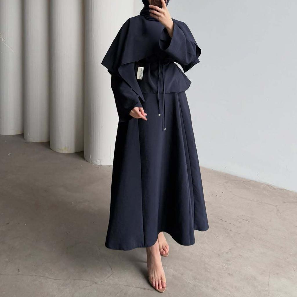 Cross-border European and American Women's Clothing  Summer New Round Neck Simple Cape Commuter Long-sleeved Straight One-step Skirt