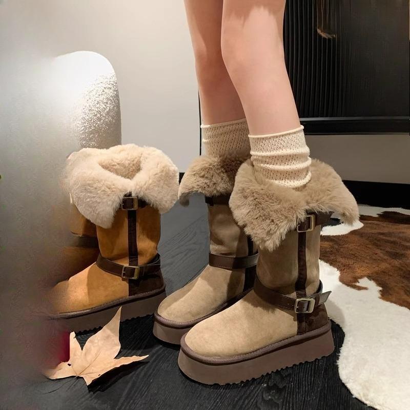 Contrast Color Platform Snow Boots Winter New Round Toe Suede Buckle Thickened Warm Cotton Shoes