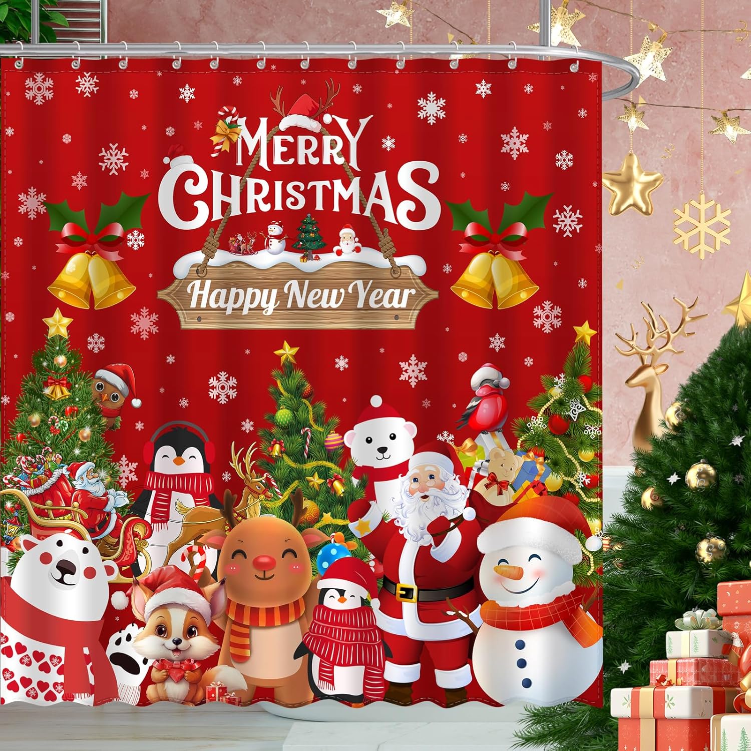 

Merry Christmas Happy New Year Shower Curtain Santa Claus Snowman Reindeer Winter Snowflake Xmas Bathroom Decor with Hooks 35x70inch-90x180cm