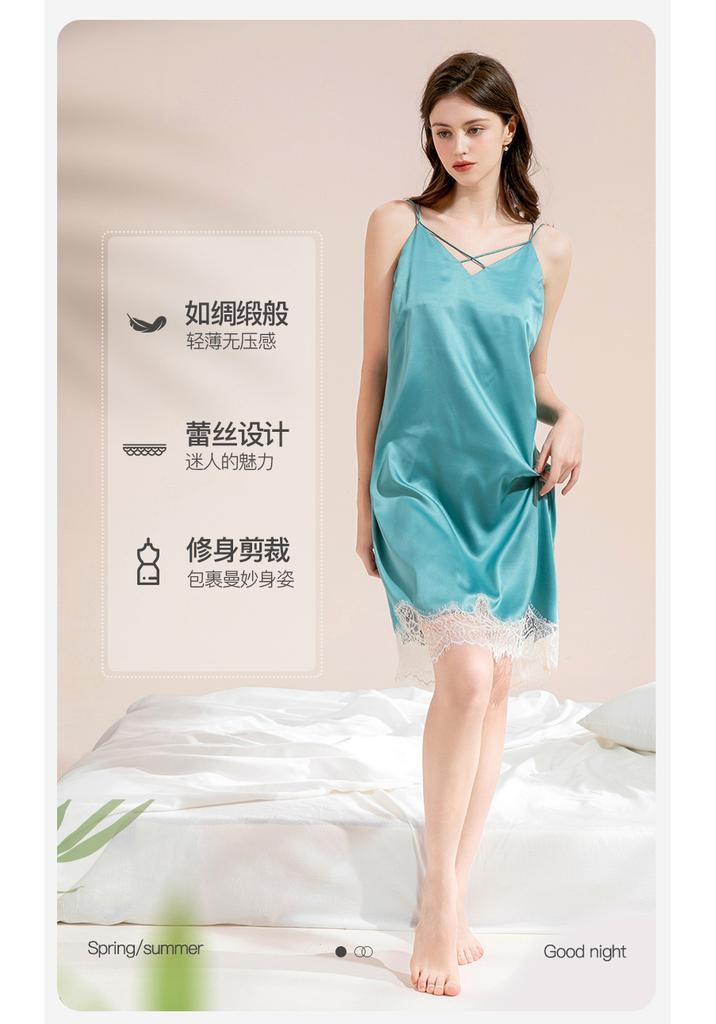 Fenteng [satin imitation silk] high-end suspender nightgown, light luxury dress, lace low neck sleepwear, women's sexy short skirt