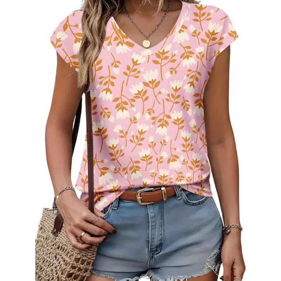 Camiseta vintage para mujer con estampado floral, manga corta, cuello en V, tops cómodos