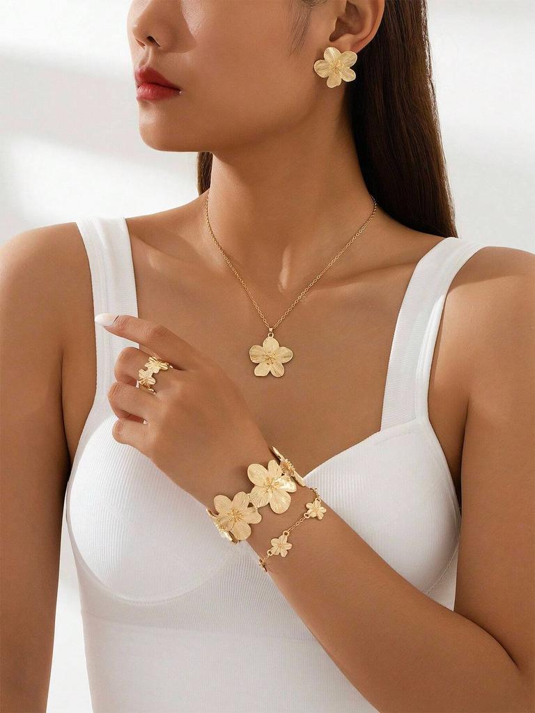 5/6PCS Women's W Jewelry Set Fashionable Casual Flower Necklace Bracelet Earrings Ring Set Suitable for Daily Wear and As Gifts