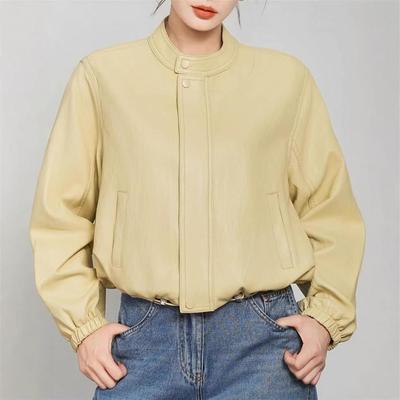 Women's Lambskin Stand-Up Collar Short Leather Motorcycle Jacket, Loose Fit, Spring/Autumn 2026.