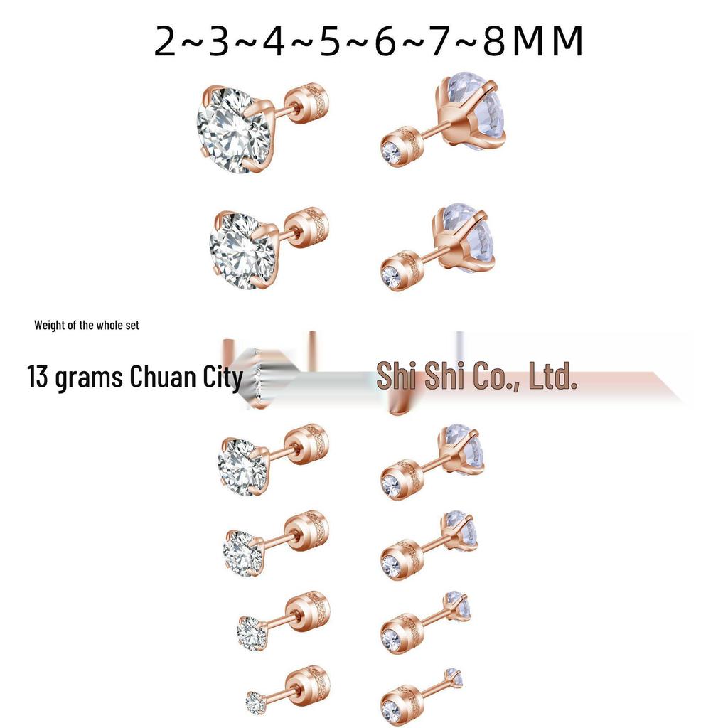 Mixed Round Zirconia Stud Earrings Set, Stainless Steel, Four-Prong Design.
