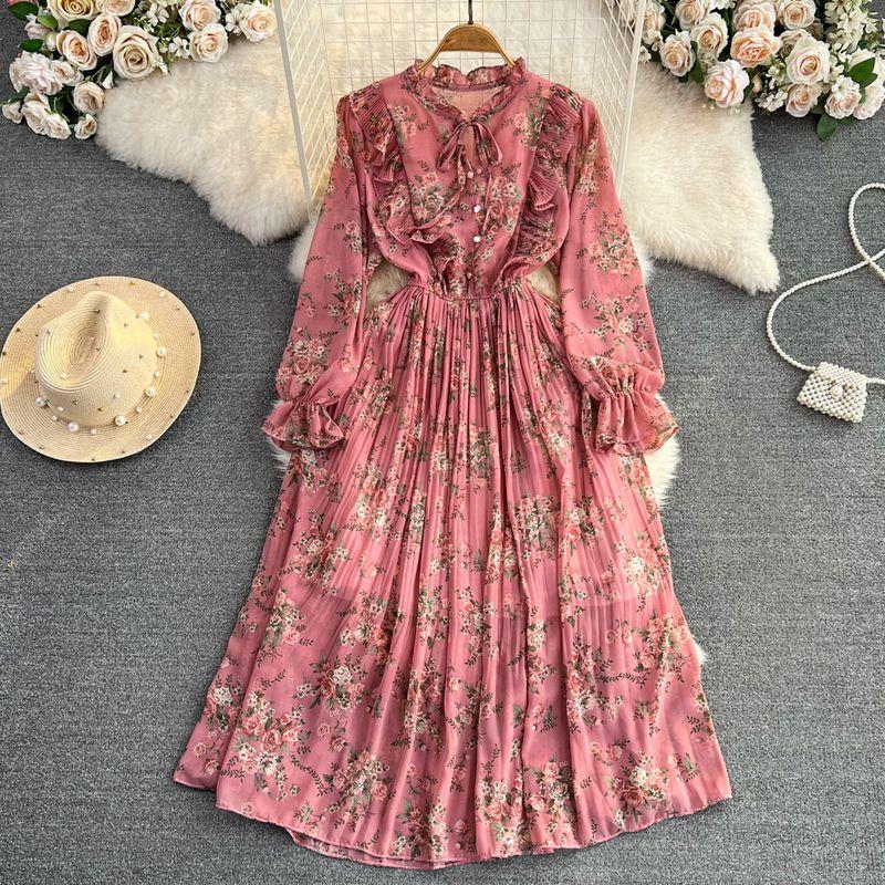 

Spring and Autumn Gentle Sweet round Neck Chiffon Dress Pink One size