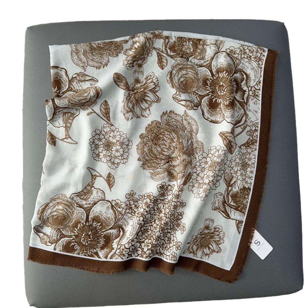 New four-sided loose beard large square scarf black and white camellia warm shawl with printed silk scarf women
