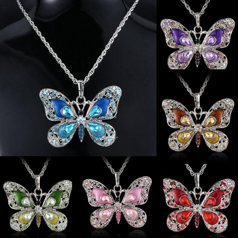 Vintage Butterfly Pendant Necklace Inlaid Shiny Rhinestone Long Chain Statement Neck Jewelry for Party Daily Festival Gift