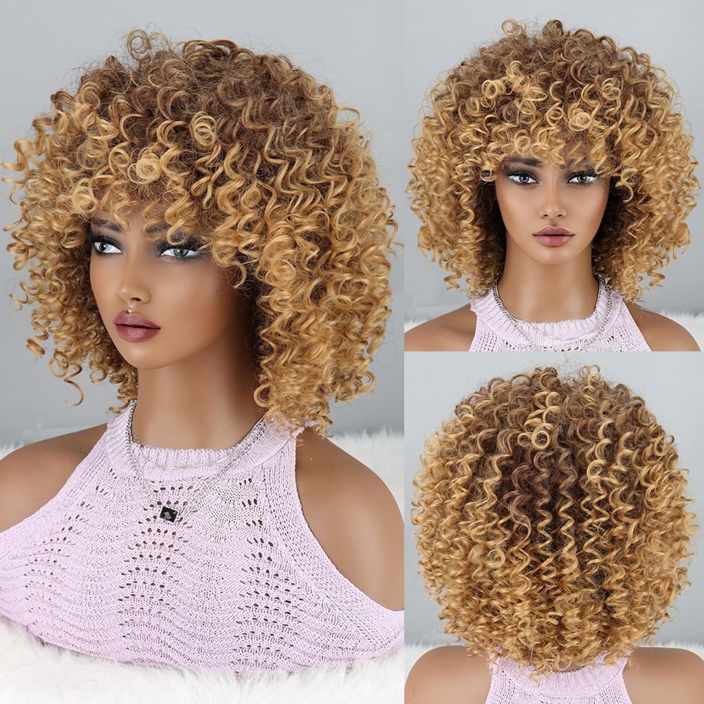 Curly Wigs for Women -Curly Wig with Bangs Natural Black Hair Synthetic Heat Resistant Full Wigs