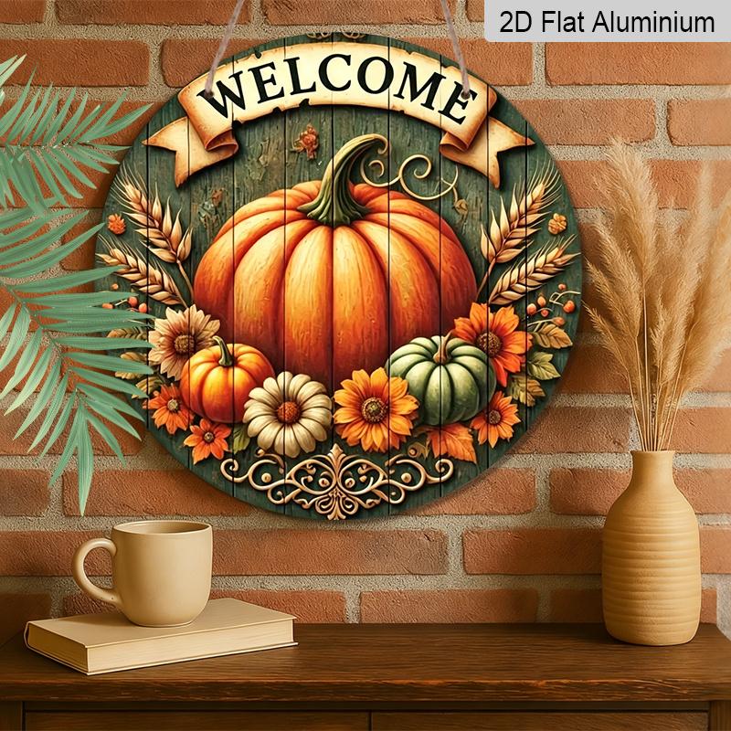 2D Flat, 1pc Aluminum Pumpkin Wreath Welcome Sign And Hanging Decor, Autumn And Thanksgiving Hanging Decoration, Suitable for Fall Harvest Greeting