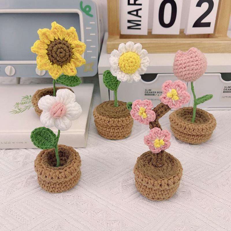 Potted Plant Handmade Crochet Artificial Knitting Flower Home Decor Diy