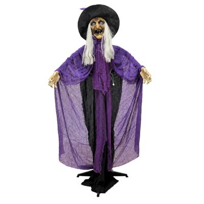 Skremmende Halloween-fortryllerfigur med bevegelse, lyd og blinkende lys, designet som en stående karakter for skrekk-hus og butikkutstillinger