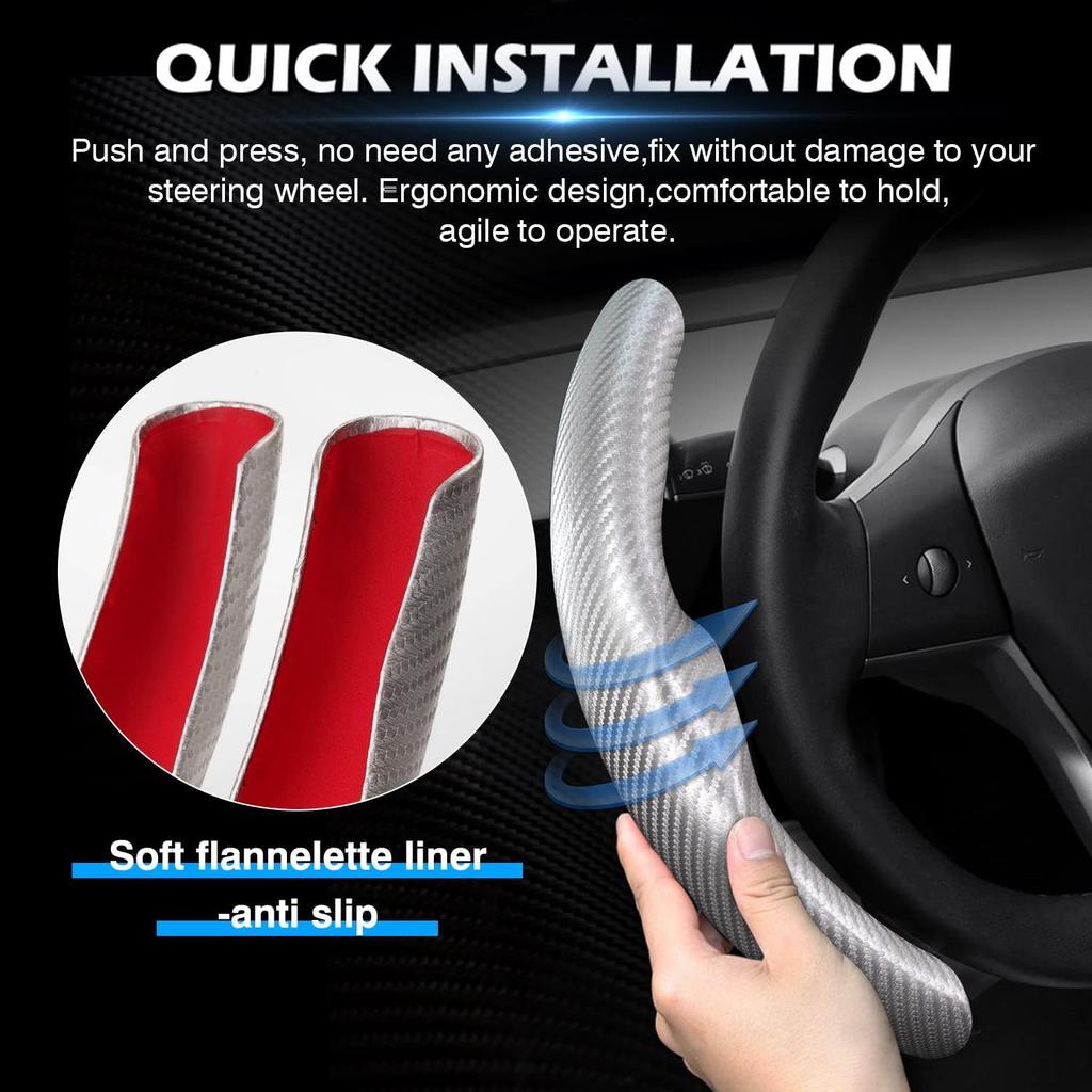 Silver Steering Wheel Cover For Tesla Model 3/Y 2016-2025 2026 Juniper/Highland | Non-Slip, Segmented, -Fit, Carbon Fiber | Model Y Juniper