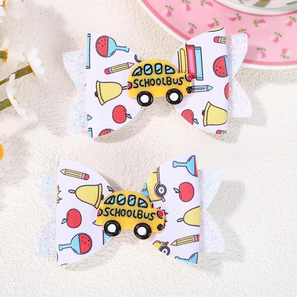 2pcs/set Sweet Back To School Hair Bows Clip for Girls Cute School Bus Hairpins Ribbon Print Pencil Barrettes Boutique Headwear
