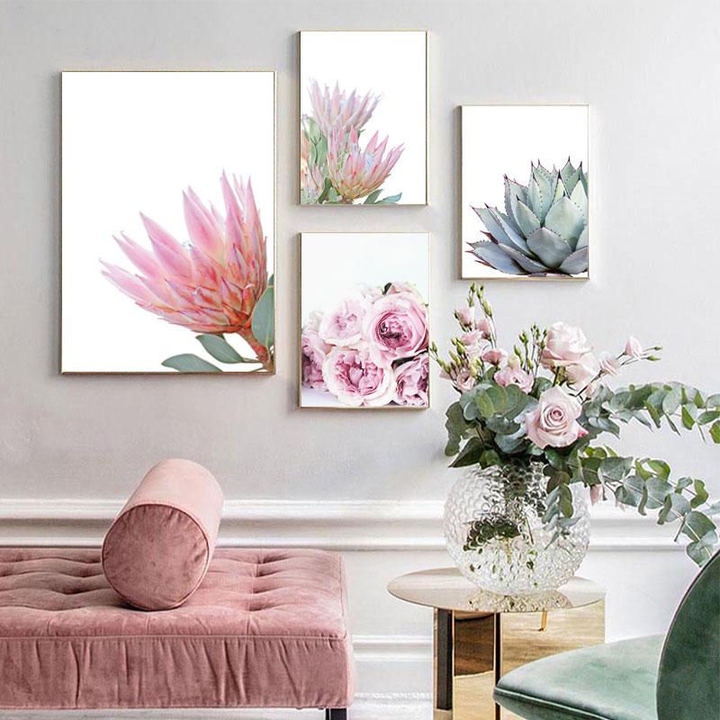 Rosa Blume Leinwand Malerei Nordic Tropische Pflanze Poster und Druck Sukkulenten Kaktus Wand Bild für Wohnzimmer Wohnkultur