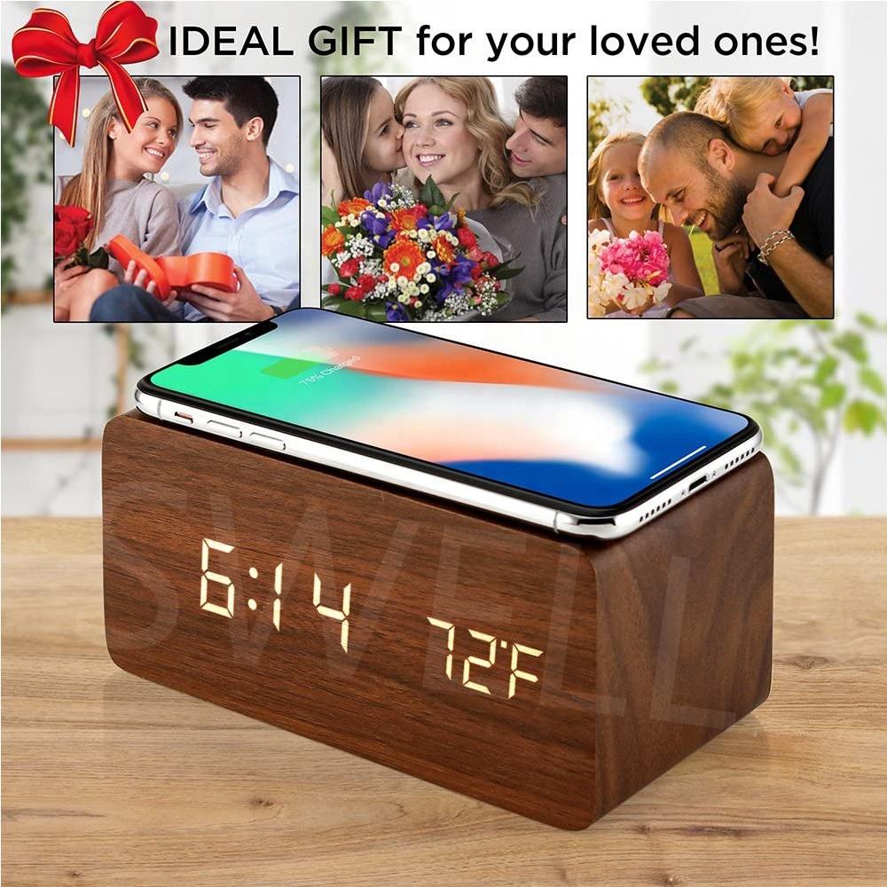 2022 Desk Sound Control Temperature Wireless Charger Wooden LED Alarm Digital Clock With Qi