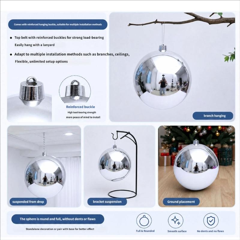 Oversized Silver Reflective Christmas Decors Ball Portable Plastic Hanging Ornament For Christmas And Parties
