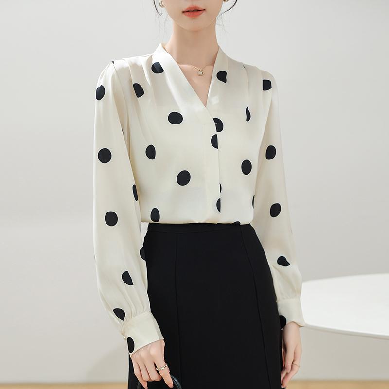 Women Blouses Shirts 2025 Spring Long Sleeve Women Blouse Shirt V-Neck Dot Elegant Blouse Shirt Women Tops J922