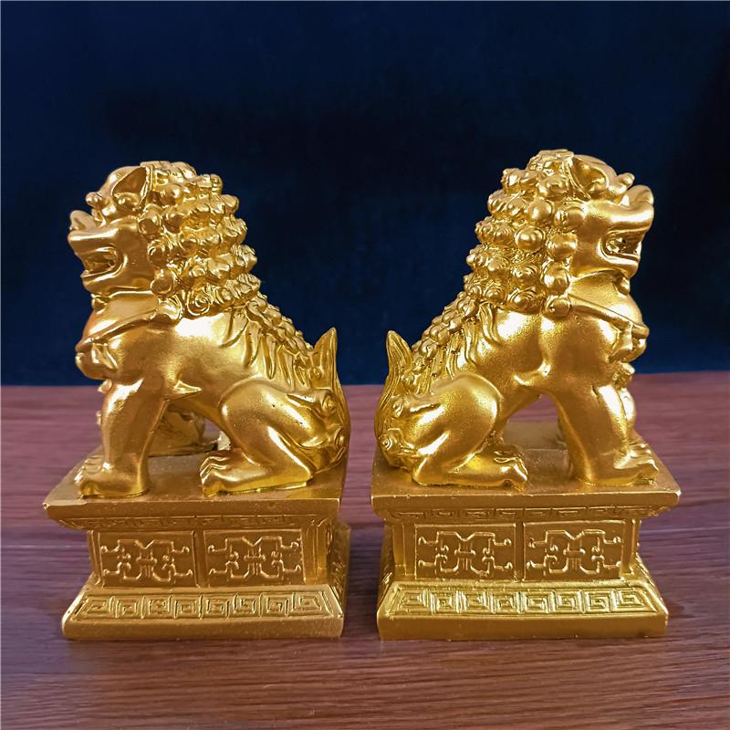 2Pcs Gold Fu Foo Dogs Lions Statues Feng Shui Man-made Jade Stone Buddha Dragon Sculpture Figurines Statue Home Decoration