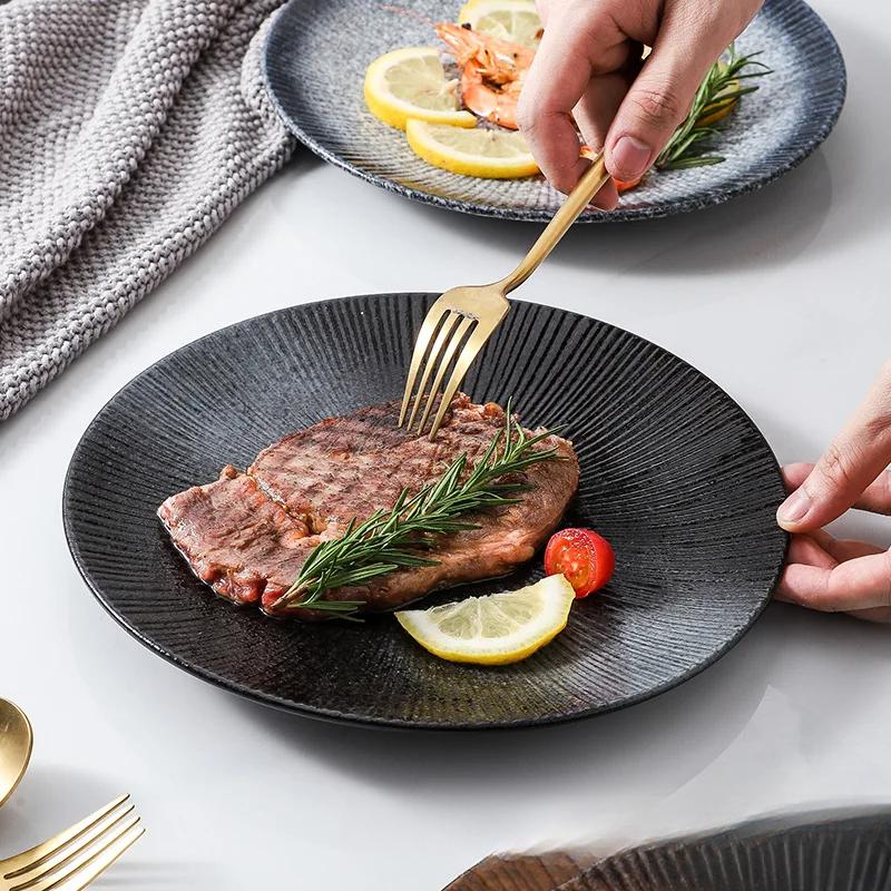 Japanese Ceramic Striped Plate Creative Steak Plate Spaghetti Plate Retro Sushi Plate Restaurant Commercial Plate