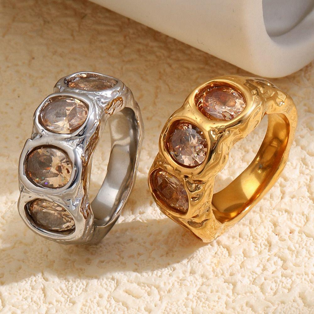 Hammered Finish Oval Zircon Ring Oval Cut Gold Plated Band Elegant Stainless Steel Ring  for Women