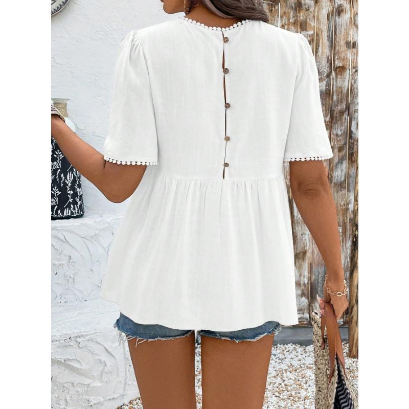 YYFS Women's Fashion Casual Summer Spring Solid Color Print  Short Sleeve O-Neck Blouses & Shirts