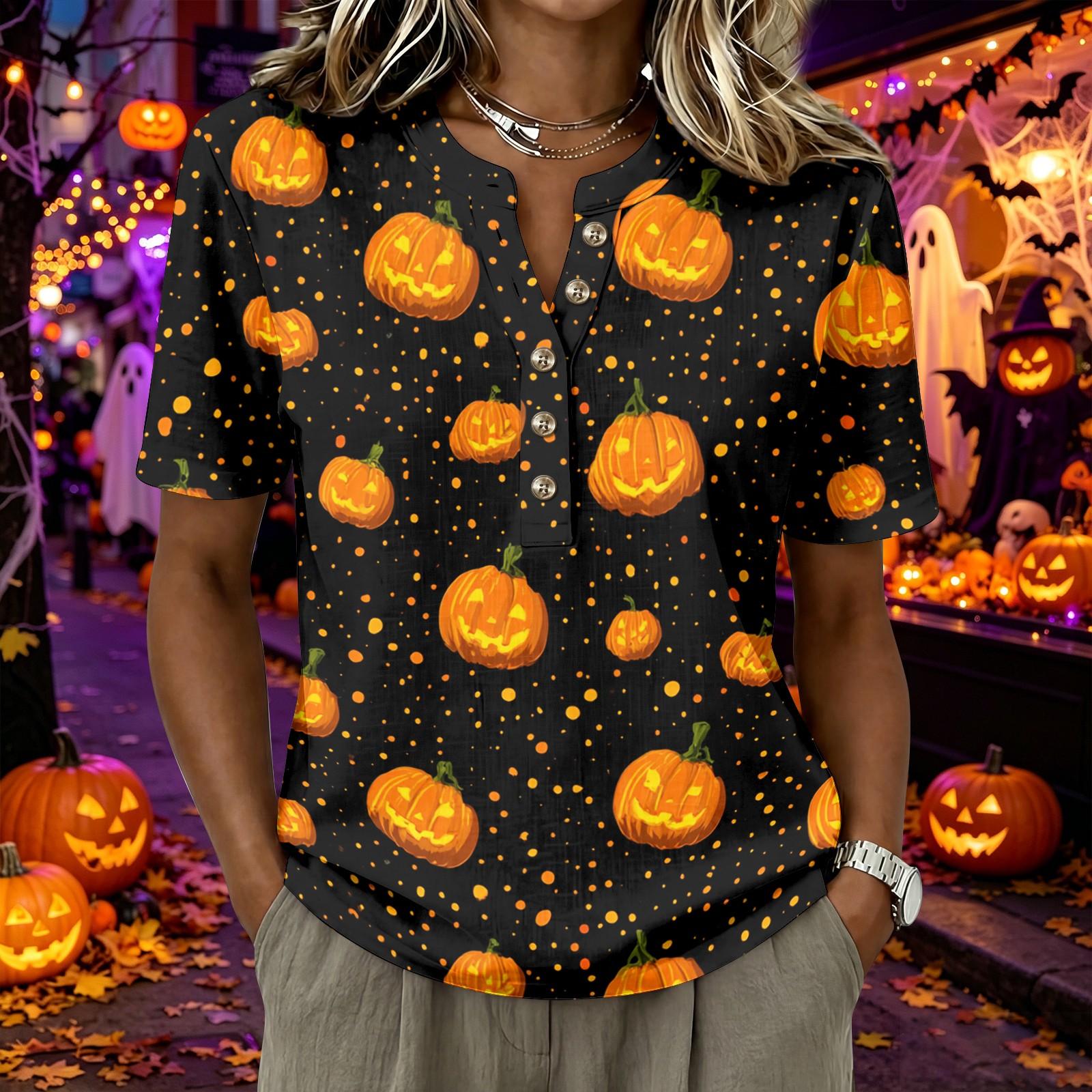 Women s Short Sleeve Henley Shirt Linen Cotton Blend Casual Button Neck Top Halloween Pumpkin Print L