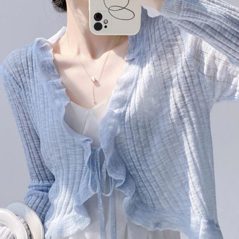Ruffled Lace Ice Silk Sweater Sun-proof Cardigan Thin Women's Small Shawl Coat Sweet Spicy Outer Blouse