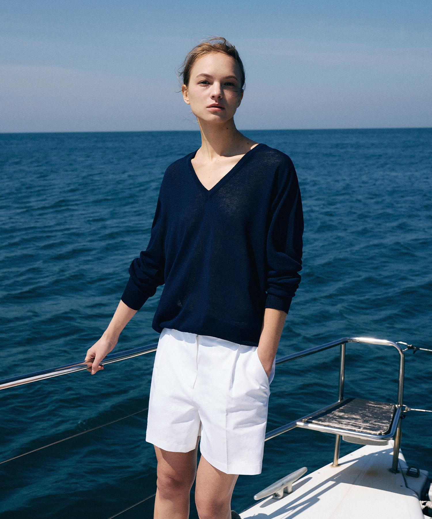 Lamerei Holgament V-Neck Linen Knit Top[Lmbfsu25Kn281]-Navy Navy/Free