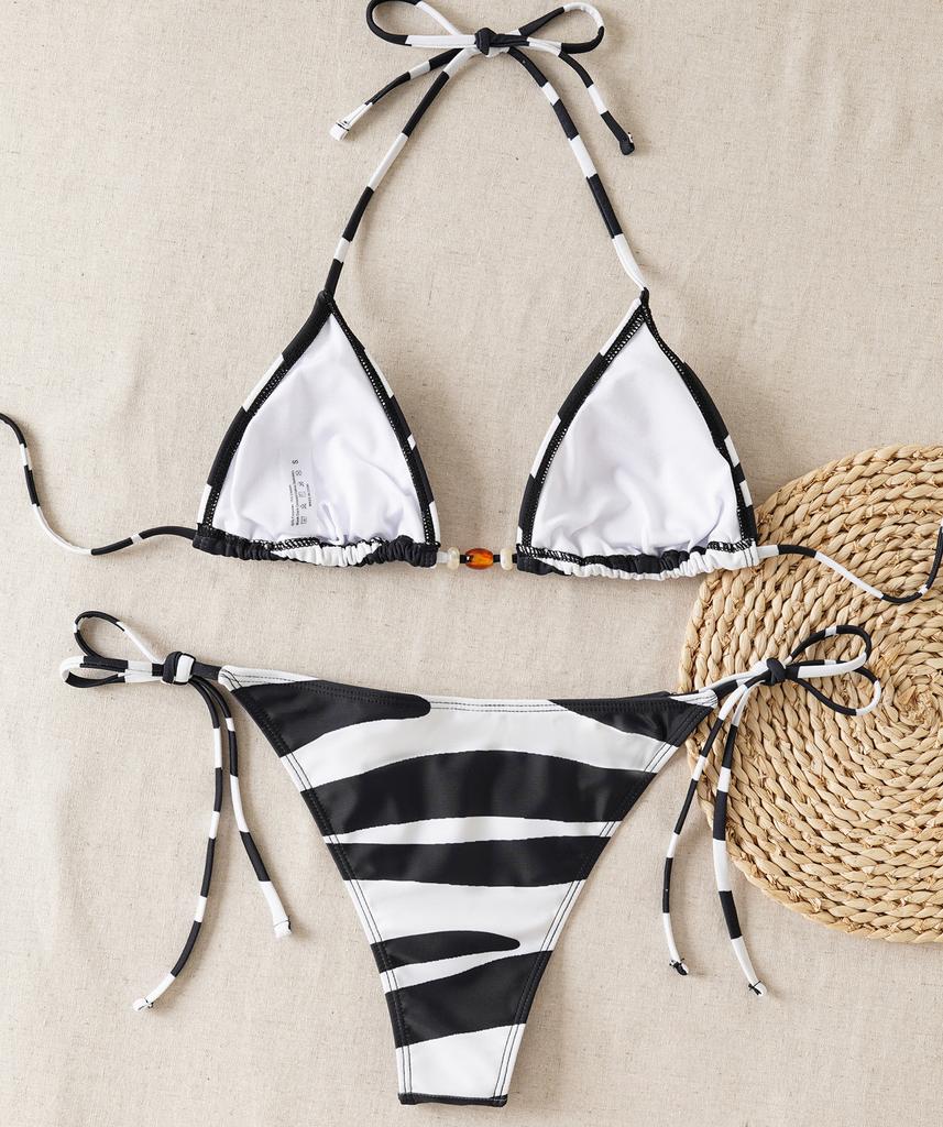 Damski Kostium Kąpielowy Seksowny Czarno-Biały Wzór Młotek Szyja Bok Fala Dwuczęściowy Kostium Kąpielowy Zestaw Bikini Odzież Plażowa Stroje Kąpielowe