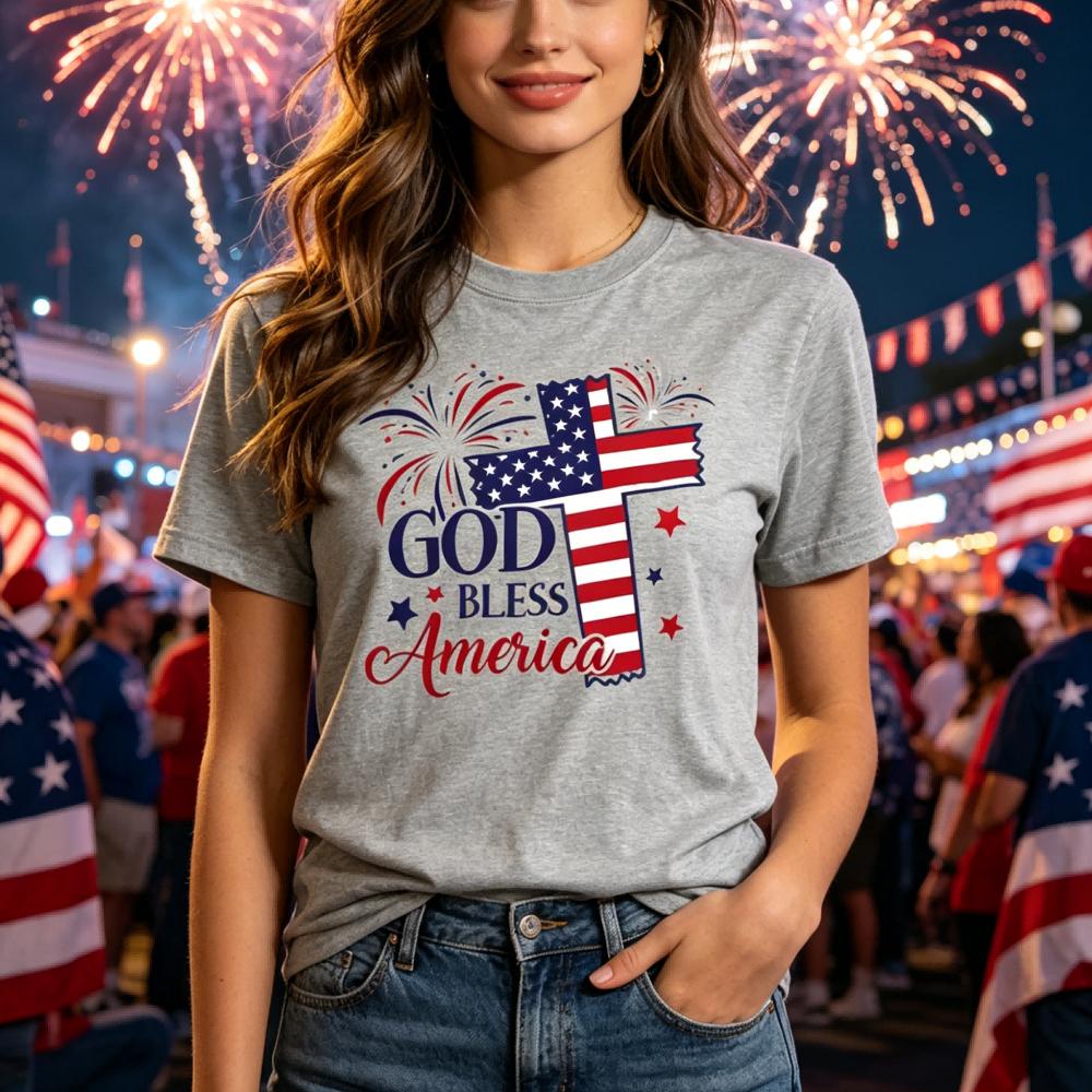God Bless America American Flag Cross Graphic TShirt Patriotic 4th Of July Christian Tee Usa Independence Day Faith T