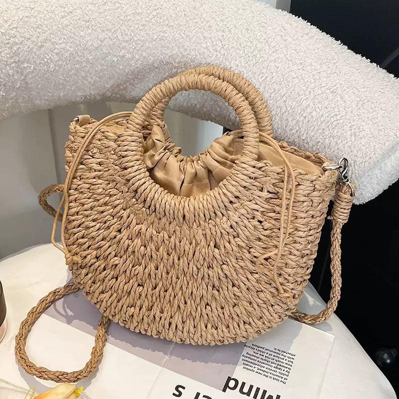 

Korean Style Women s Round Crossbody Paper Rope Woven Beach Bag with Lace Ribbon кавовий