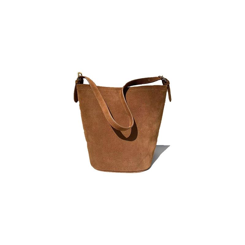 Cowhide Large Capacity Sanded Leather Bucket Bag Niche Design Fashion One-shoulder Underarm Women Bag