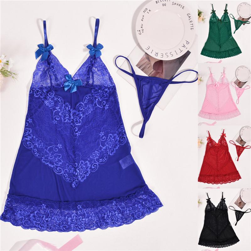 Pijamale sexy Lenjerie pentru femei Cămașă de noapte cu tanga Damă Dantela subțire florală Moda Perspectivă solidă Îmbrăcăminte de noapte