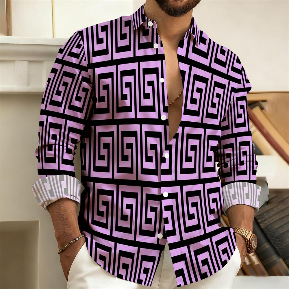 Men's Lapel Long-Sleeved Shirt with Printed Greek Key Pattern, Stylish, Handsome, Vintage, and Comfortable Men's Top.
