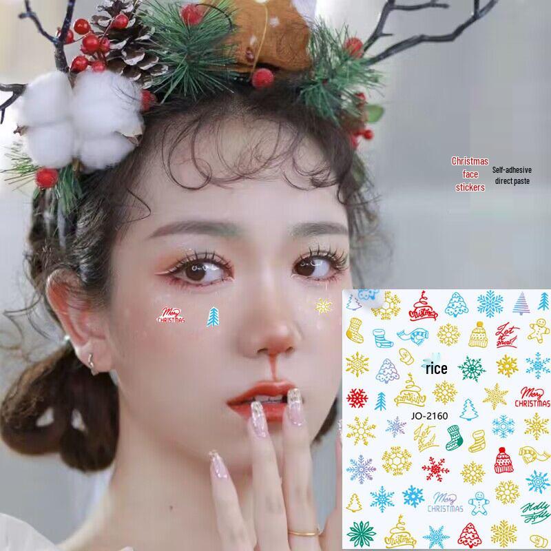 Colorful Christmas Snowflake Face & Nail Stickers with Adhesive Cartoon Designs