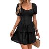 2025 new retro sweet wind hollow waist bubble sleeve black square neck dress