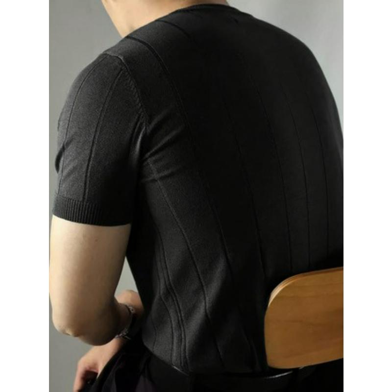 Black Ribbed Short Sleeve Knit Sweater Slim Fit Soft Breathable Summer Casual Daily Top