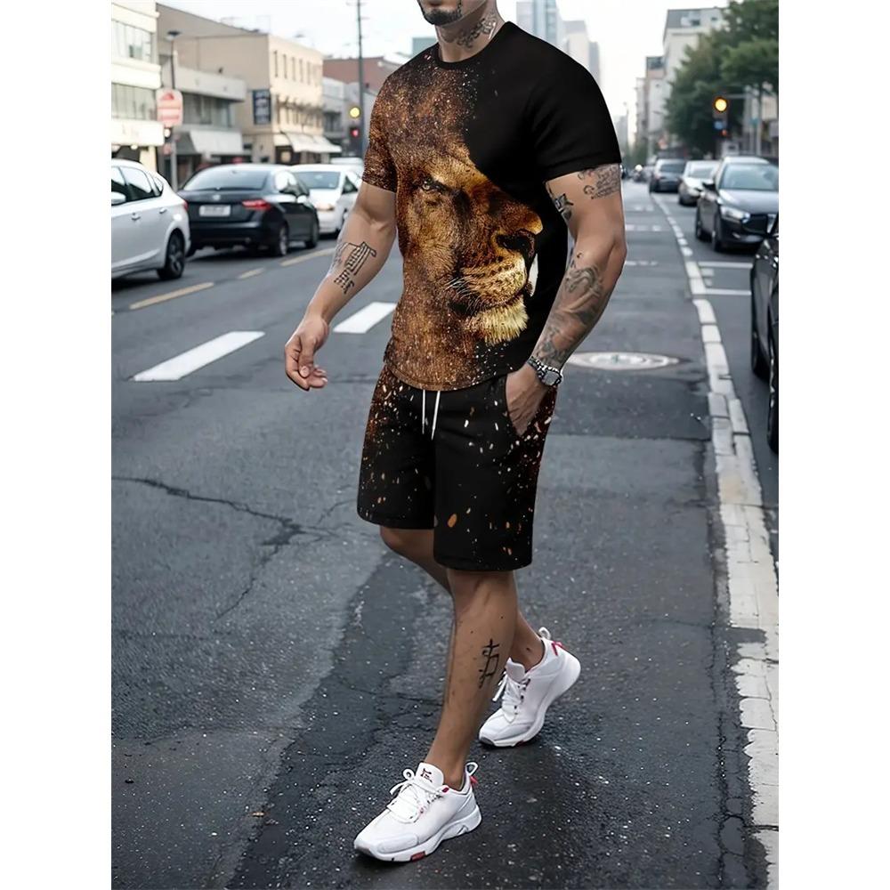 Summer Fashion Animal Print Suit Black and White Tiger 3D Pattern Outdoor Street Shooting Sportswear Men's Casual T Shirts 2 Piece Set