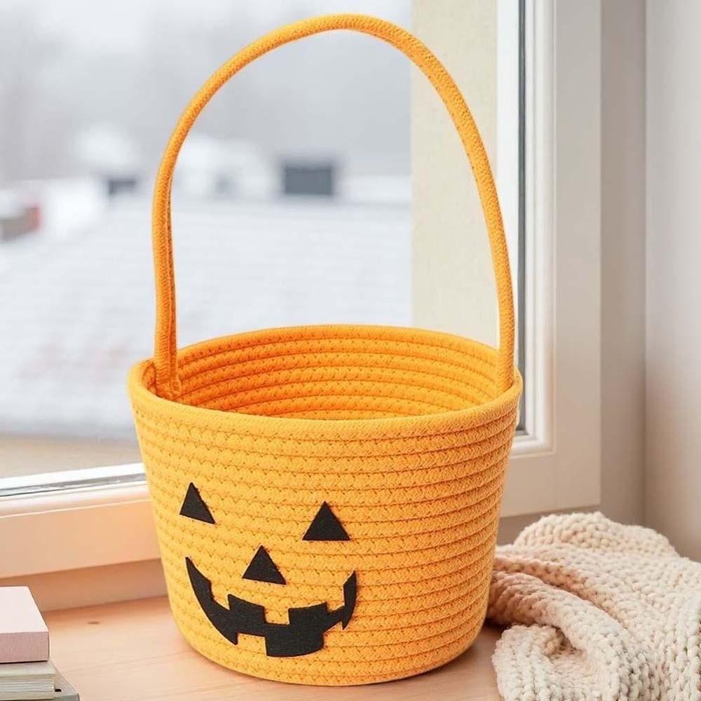 Braided Pumpkin Candy Bucket Orange Trick Treat Tote Kids Gift Hamper Woven Storage Pouch Teachers