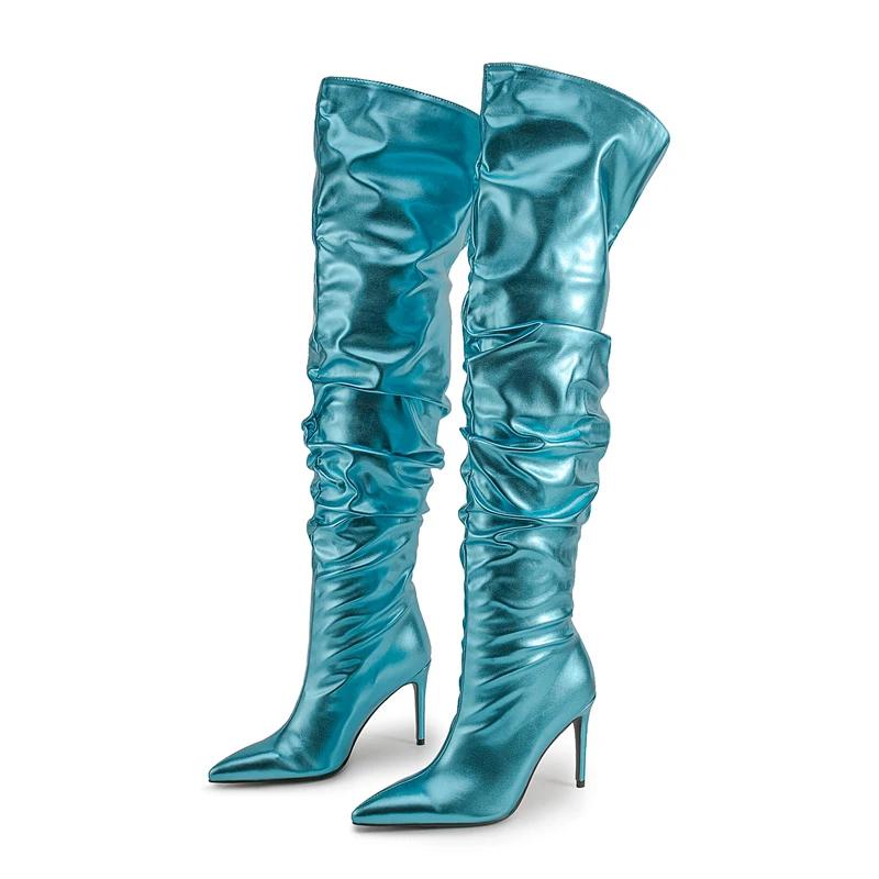 Fashion Sexy Solid Color Pleated Lazy Style Over The Knee Boots Autumn Winter Fashion Black Silver High-heel Women Long Boots Size 34-45