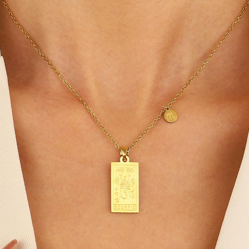 Stainless Steel Zodiac Tarot Card Necklace - Retro Square Pendant Clavicle Chain for Women